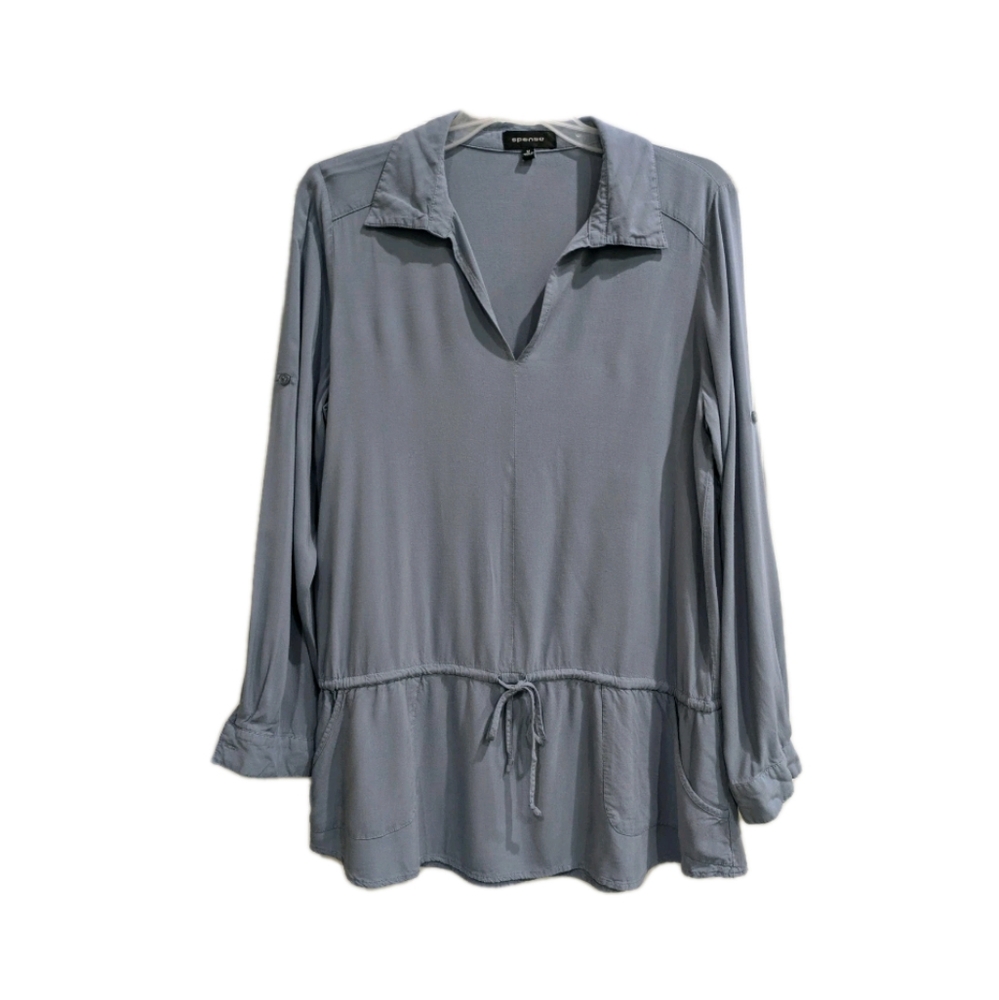 Spense Womens Popover Blouse Tie Waist Tunic Medium Casual Roll Tab Pockets